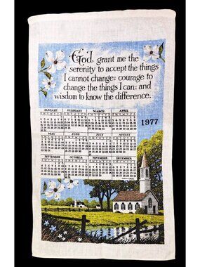Vintage 1977 Linen Calendar Towel Serenity Prayer God Church 29" x 17" Kay Dee